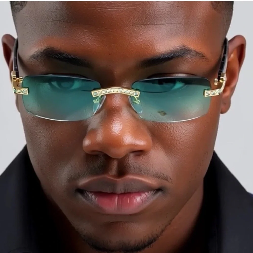 Rimless Sunglasses‎ Green Lens Rhinestone Accents Fashion Shades Diamond Shades